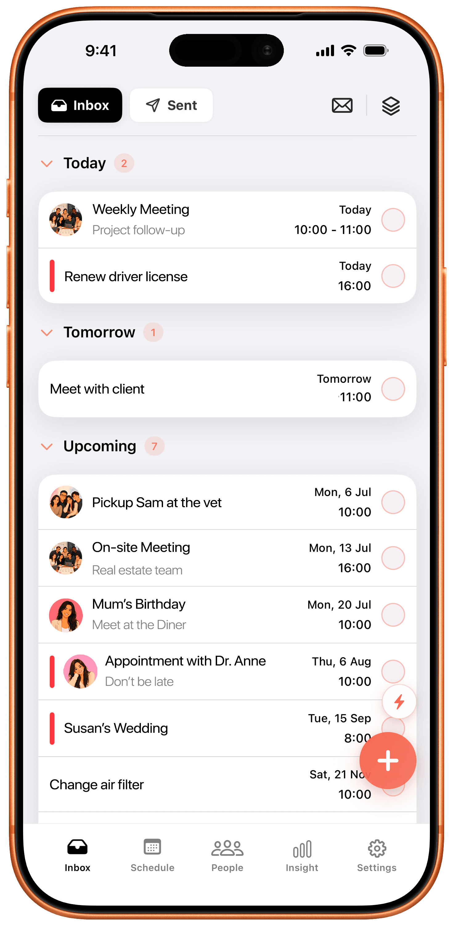Remimo reminders inbox on an orange iPhone