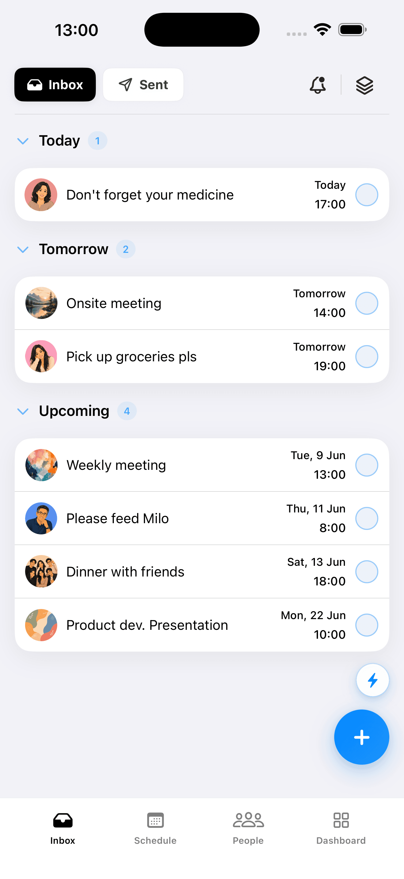 Remimo inbox with today and upcoming reminders