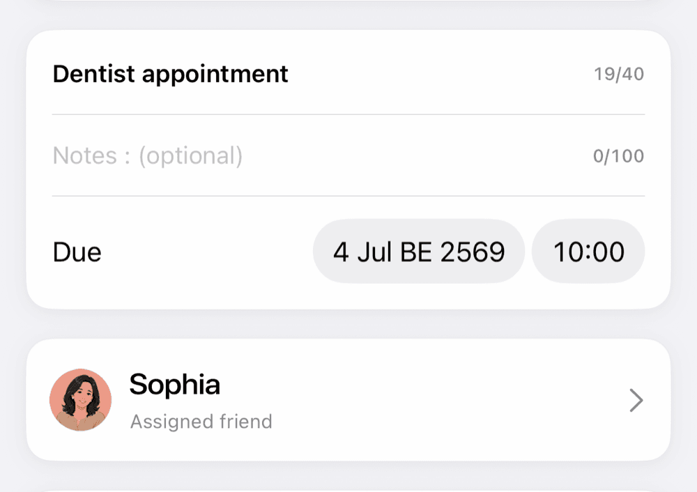 A dentist appointment reminder assigned to Sophia