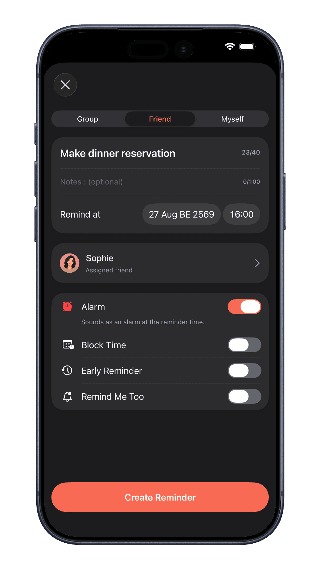 Creating a reminder for a friend in Remimo